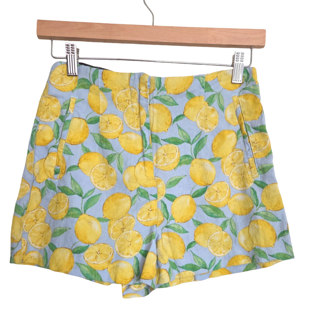 Zara | Linen Blend Lemon Print High Rise Hot Pants Shorts Pockets